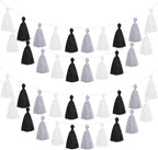 WILLBOND 4 Pieces Tassel Garland Black and White Grey Tassel Garland for Classroom Wall Decor Boho Pastel Cotton Banners for Party School(3.1 Inch, Black, White, Gray)