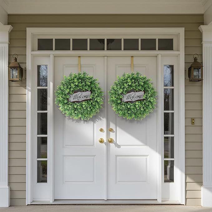 26" Artificial Eucalyptus Wreath with Welcome Sign for Front Door, Porch, Window - Large Faux Eucalyptus Greenery Outdoor Wreath for Home, Farmhouse Decor - Spring, Summer, All Seasons (Green)