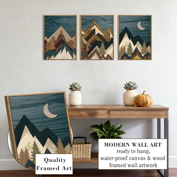 BINCUE Boho Mountain Wall Art Framed Landscape Wall Decor Modern Nature Artwork Mountains Wall Pictures Moon Art Landscape Paintings Rustic Prints for Farmhouse Bedroom Living Room Office 12x16 Inch 3 Piece
