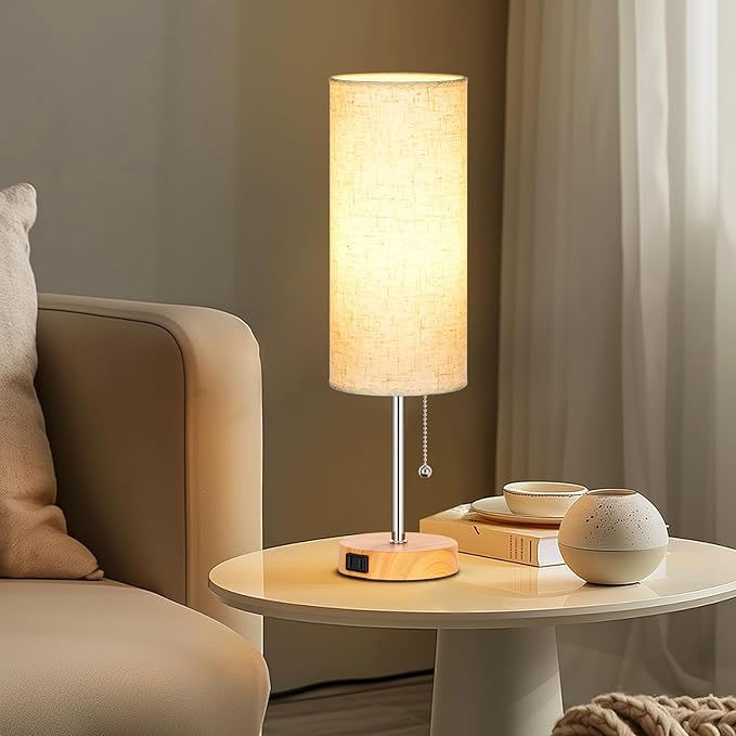 Dott Arts 18" Table Lamp for Bedroom, 3-Color Bedside Lamps with Pull Chain, Bedroom Table Lamps for Nightstand,AC Outlet Small Lamp for Living Room, Bulb Included Wood
