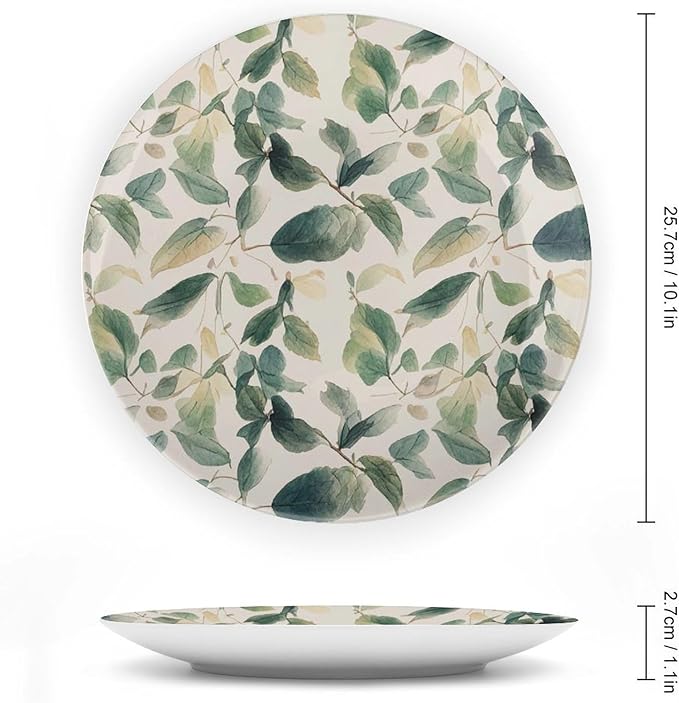 Bone China Decorative Plate Sage Green Eucalyptus Leaves Ceramic Decorative Plates with Display Stand 10inch Handmade Ceramic Ornament Wall Art Decor for Home Kitchen Bedroom Decorative Ornaments
