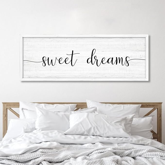 Sweet Dreams Wall Decor Above Bed 41.3''×15'' Large Farmhouse Wall Decor for Bedroom Guest Room Decor Framed Wood Wall Art Rustic Master Bedroom Wall Decoration (white frame)