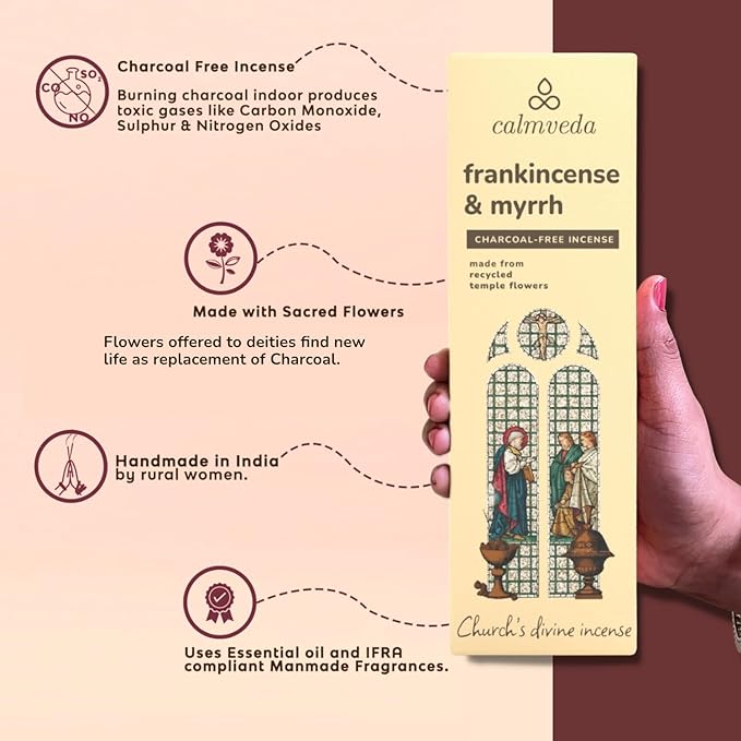 Calmveda Church Frankincense and Myrrh Incense - 80 Sticks, Charcoal Free, Handmade from Upcycled Flowers, Spiritual Healing Incense