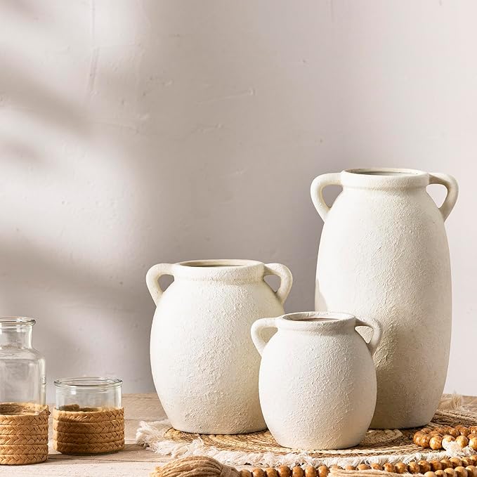 Ceramic Flower Vase 7.6 inch Farmhouse Rustic Vase Decorative Pottery Terracotta Vases for Home Decor Table Mantle Fireplace Living Room Bathroom Wedding Centerpiece (White-Upgraded)