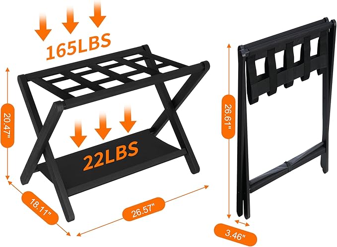 Heybly Luggage Rack, Pack of 2, Folding Suitcase Stand with Storage Shelf, Heavy-Duty Luggage Holder for Guest Room Bedroom Hotel, Holds up to 165 lb,Black, HLR010B2