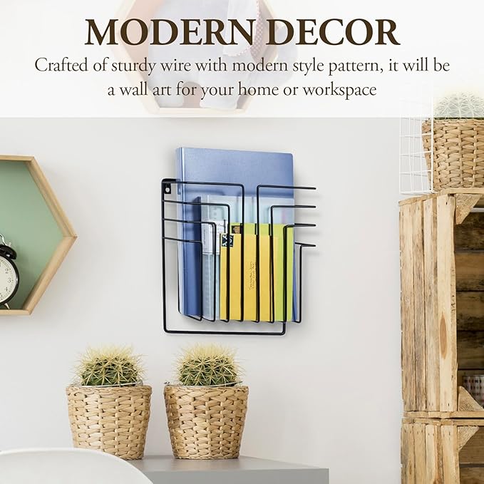 MyGift 11 Inch Modern Art Deco Black Metal Wire Floating Magazine Rack and File Folder Holder, Wall Mounted Home or Office Storage for Oversized Magazines