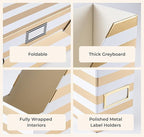 BLU MONACO | Cardboard Magazine File Holder Set of 4 Gold White Stripes | Vertical Magazine File Holder with Label Slots | Standing File Holder and Cardboard Bins for Shelves Desk Classroom