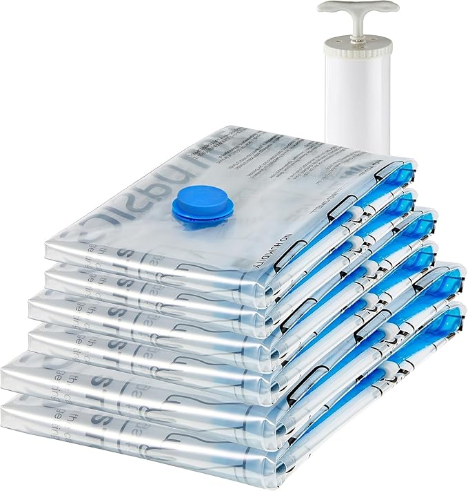 Amazon Basics Vacuum Storage Bags for Clothing, Multiple Sizes Compression Zipper Bags with Hand Pump for Space Saving and Travel, 6-Pack (2 Medium, 2 Large, 2 Jumbo), Transparent