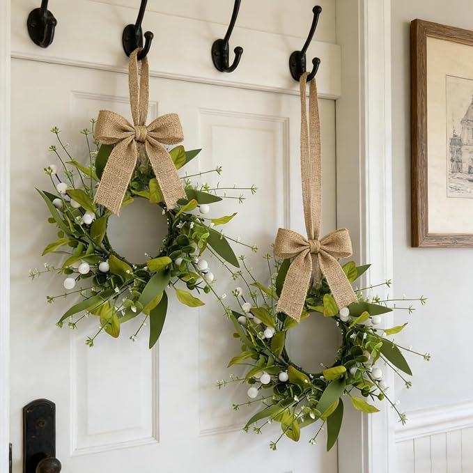 6 PCS Spring Summer Eucalyptus Kitchen Cabinet Wreaths Small Artificial Green Eucalyptus Leaf Wreath for Front Door with Ribbon Boxwood Mini Wreath for Porch Wall Window Farmhouse Wall Home Decor
