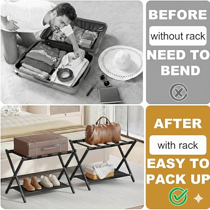 2 Pack Bamboo Luggage Rack for Guest Room, 26.77" Folding Wide Suitcase Stand with Fabric Storage Shelf, Thickened Luggage Stand Holder for Bedroom Hotel, Luggage Rack for Suitcases (2 Pack - Black)