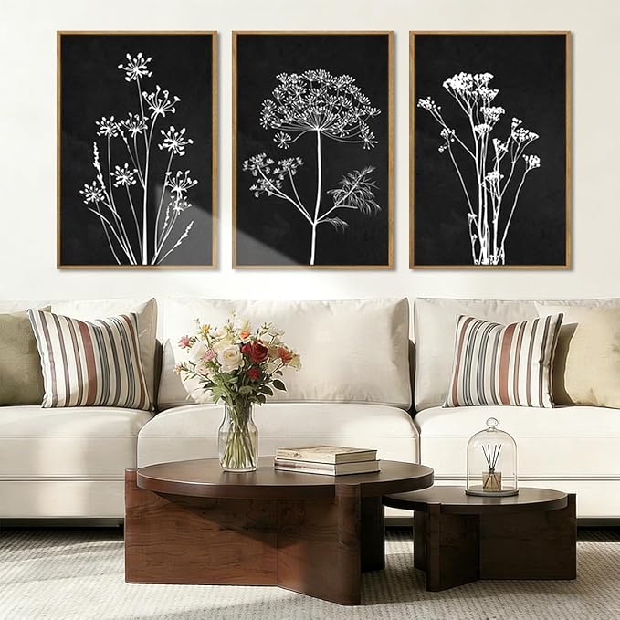 BINCUE Framed Botanical Wall Art Black Grey and White Plant Floral Art Prints Flowers Wall Decor Black Artwork White Floral Wall Pictures Botanical Paintings for Living Room Bedroom Office Farmhouse 3 Panel 16x24 Inches