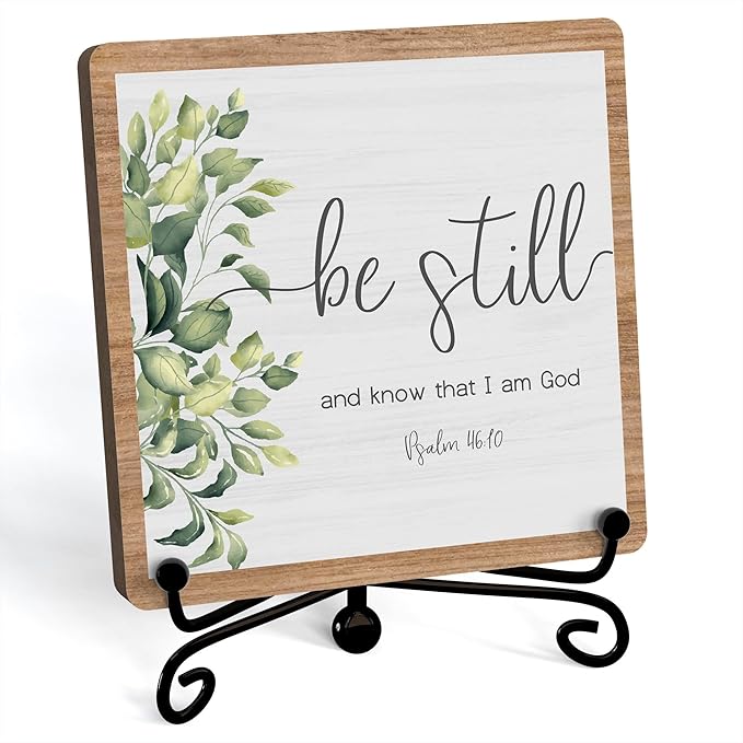 Inspirational Christian Desk Decor, Be Still And Know That I Am God Rutsic Sign, Desk Decorations For Office Home Living Room Bathroom, Eucalyptus Shelf Decor, Wooden Plaque With Stand (03)
