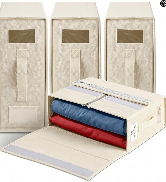 IBRAKIM Bedsheet Organizer Set of 4, Linen Storage Organizer for Closet and Under Bed, Foldable Bedding Organizer for Sheets, Blankets, Comforters, Closet Storage Bins, Beige
