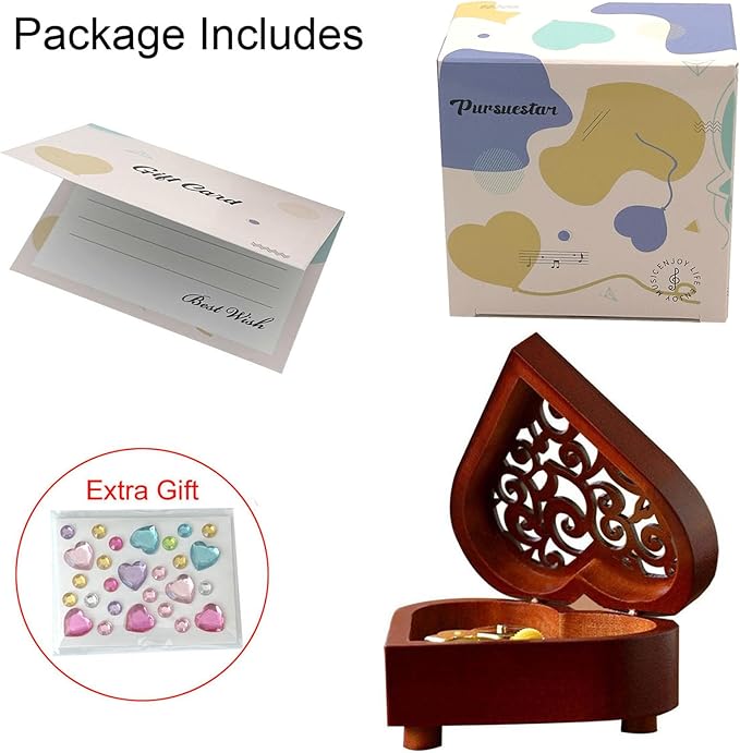 Pursuestar Anastasia Once Upon a December Music Box, Heart Shaped Vintage Hollow Out Wood Mechanism YunSheng Movement Wind Up Musical Box Gifts for Birthday Mother's Day Valentine's Day