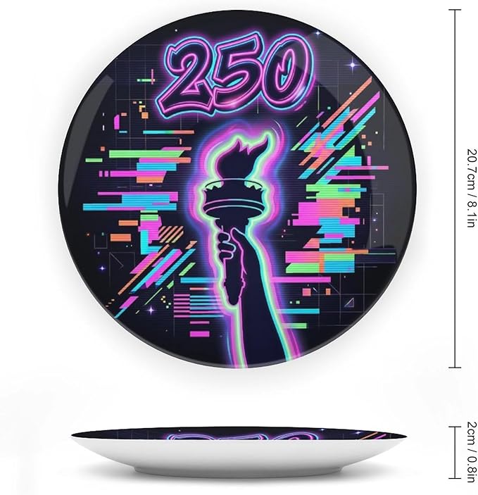 250th Anniversary Decorative Plates 8 Inch Patriotic Decorations Liberty Neon Glitch Commemorative Plates with Stand Memorial Day 4th of July Veterans Day Home & Office