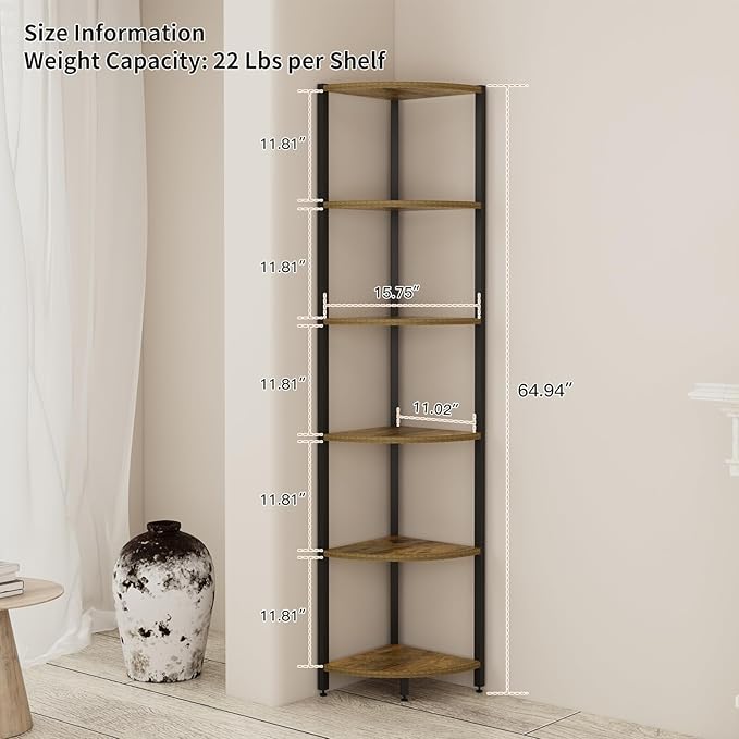 6-Tier Corner Shelf with LED Lights - 65" Tall Narrow Bookshelf, Standing Shelf with Storage Rack, Sturdy Metal Frame & Waterproof Shelves, Rustic Brown, for Living Room/Bedroom/Bathroom