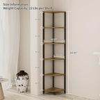 6-Tier Corner Shelf with LED Lights - 65" Tall Narrow Bookshelf, Standing Shelf with Storage Rack, Sturdy Metal Frame & Waterproof Shelves, Rustic Brown, for Living Room/Bedroom/Bathroom