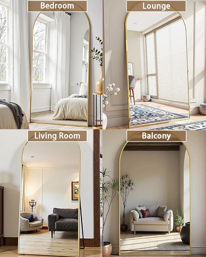 Dewfig Arched Full Length Mirror, 86"x46" Large Floor Mirror with Stand, Oversized Full Body Mirrors for Standing/Leaning/Hanging, Wall Mounted Mirrors for Bedroom, Living Room,Dressing Room, Gold