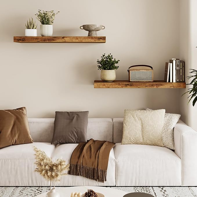 Fixwal Wood Floating Shelves for Wall, 22" Long Wall Mounted Shelves for Living Room, Bedroom, Bathroom and Kitchen, Wall Shelves for Storage, Books, Room Decor (Rustic Brown, Set of 2)