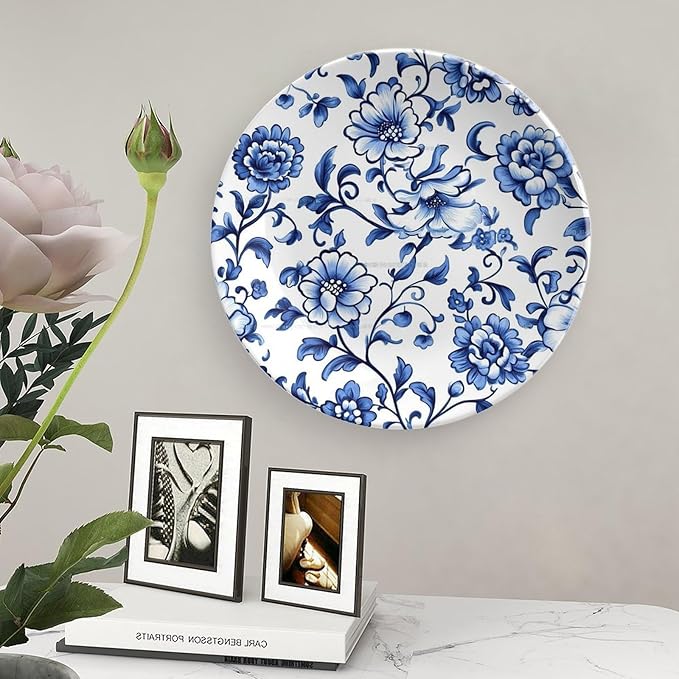 Blue Ceramic Decorative Plate, Pattern Decorative Dish with Stand, Floral Design Bone China Decorative Plates Art Porcelain Plate for Living Room Hallway Table Decor