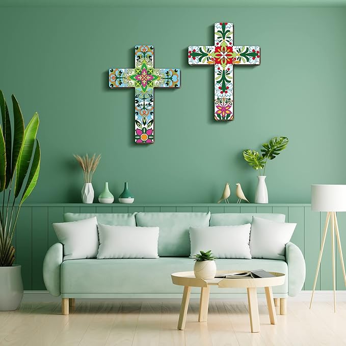 Pinkunn 2 Pcs Mexican Cross Wall Decor Floral Day of The Dead Decoration Hand Painted Wood Wall Art Dia De Los Muertos Altar Decorations Spanish Cross Decor for Home(Vibrant Flower)