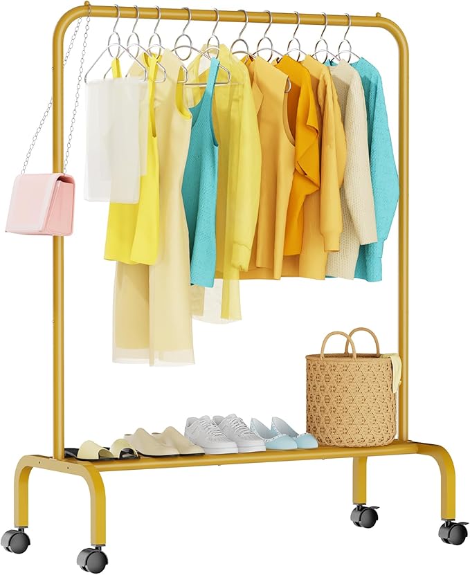 Rolling Clothing Racks for Hanging Clothes, Garment Rack for Clothes to Hang, Metal Portable Wardrobe Rack for Coats, Jackets, Shirts, Dress,Warm Gold