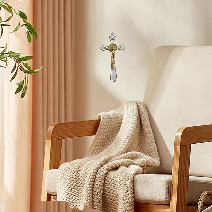 BONITTER Golden St Benedict Crucifix Metal Wall Art, 7.8x4.1 Inch Cross, Blue/White/Black/Red Wall Decor, Saint Benedic Cross for Home Decoration, Catholic Gift (White)