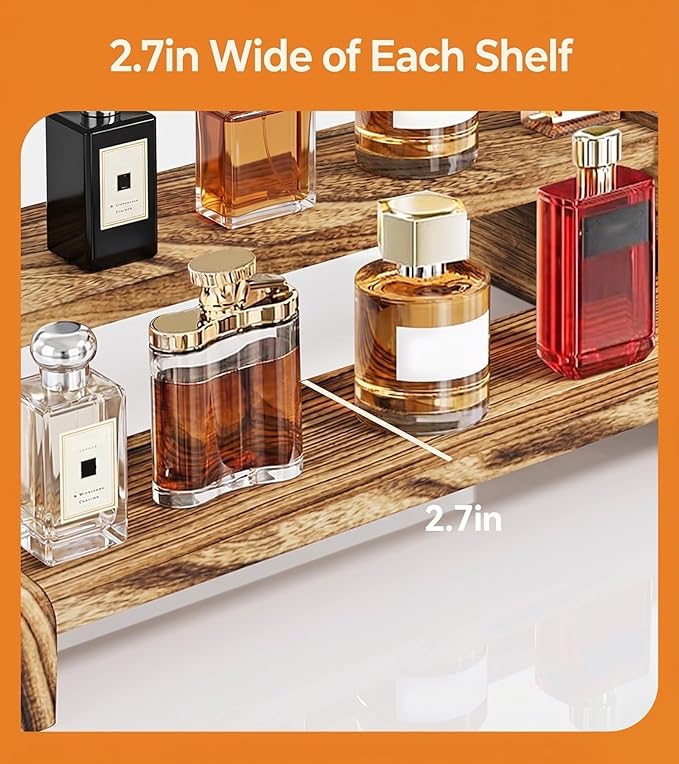 Wooden Cologne Organizer for Men, Perfume Organizer Stand, Cologne Stand with Anti-Slip Washers, Wooden Display Risers Stand for Dessert, Cupcake, Charcoal-Grilled, 3-tier-13.8in
