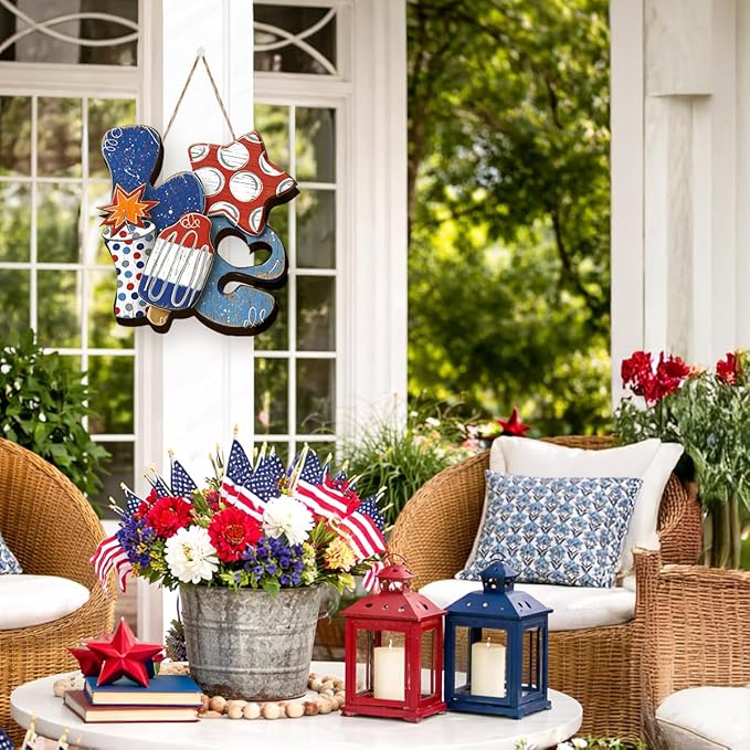 Wooden 4th of July Decorations Patriotic Wreaths for Front Door Independence Day Decorations Star Sign Welcome Memorial Day Hanging for Home Wall Decor Outdoor Indoor Red White and Blue Wreath 8