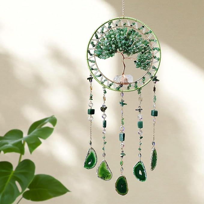 Tree Life Dream Catcher and Sun Catcher, Handmade Healing Crystal Boho Window Hanging for Home Decor, Rainbow Maker Wall Decor, for Women, Housewarming (Green)