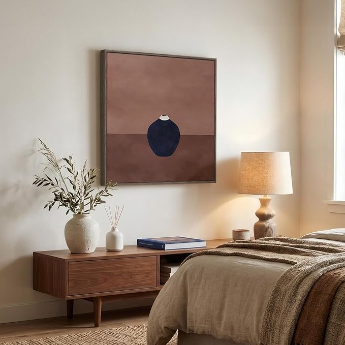 Framed Neutral Abstract Wall Art for Living Room, Mid Century Modern Black and Brown Still Life Canvas Artwork for Walls, Minimalist Pictures Wall Decor for Bedroom Hallway Home Office, 24x24 Inch