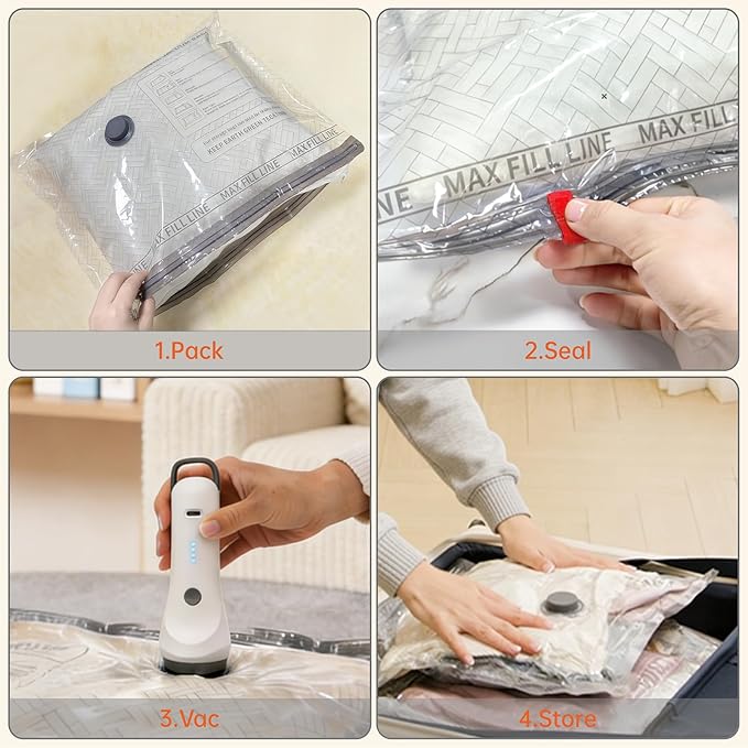 Vacuum Storage Bags for Travel with Electric Wireless Pump, Travel Compression Bags for Luggage, Space Saver for Backpack & Suitcase, 15 Pack Combo
