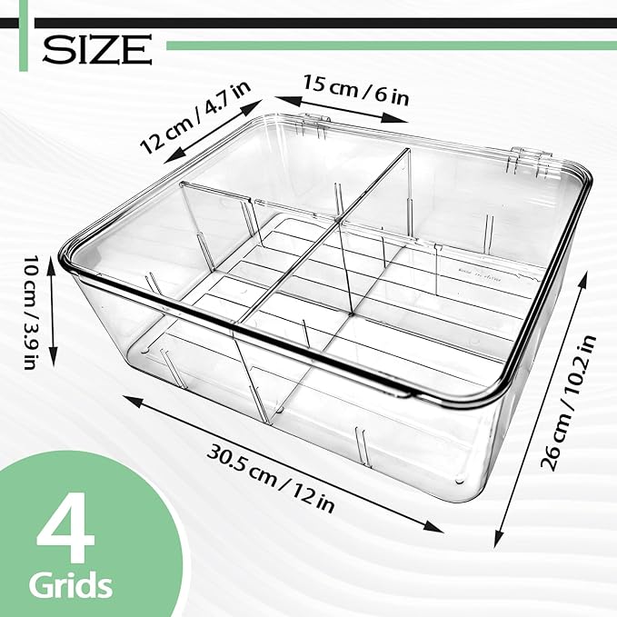 Slomg Sock Underwear Dresser Drawer Organizer with Dividers, Clear 4 Grids Plastic Storage Box Bin with Lid, Small Parts Bead Container for Jewelry Earring Scarves Ties Bras Crafts Fishing Tackle