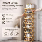 The 9-Tier No-Assembly Bamboo Rack, Folding Bamboo Shoe Rack Organizer with Collapsible Vertical Design, Space-Saving & No-Tool Assembly, for Entryways,Corners,Bedrooms,Balconies (Brown,8)