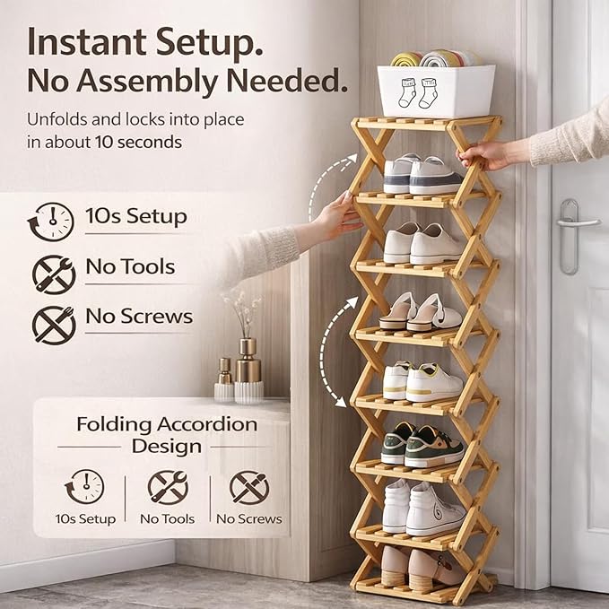 The 9-Tier No-Assembly Bamboo Rack, Folding Bamboo Shoe Rack Organizer with Collapsible Vertical Design, Space-Saving & No-Tool Assembly, for Entryways,Corners,Bedrooms,Balconies (Brown,8)