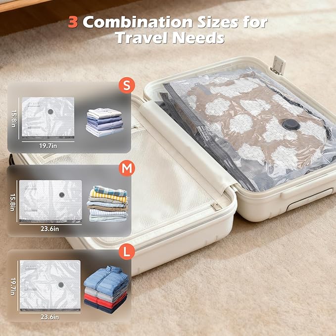 Travel Vacuum Bags with Wireless Charging Air Pump, 12 Pack Vacuum Seal Bags with 3 Sizes for Clothing Travel, Space Saver for Luggage, Business Trip, Home Storage,