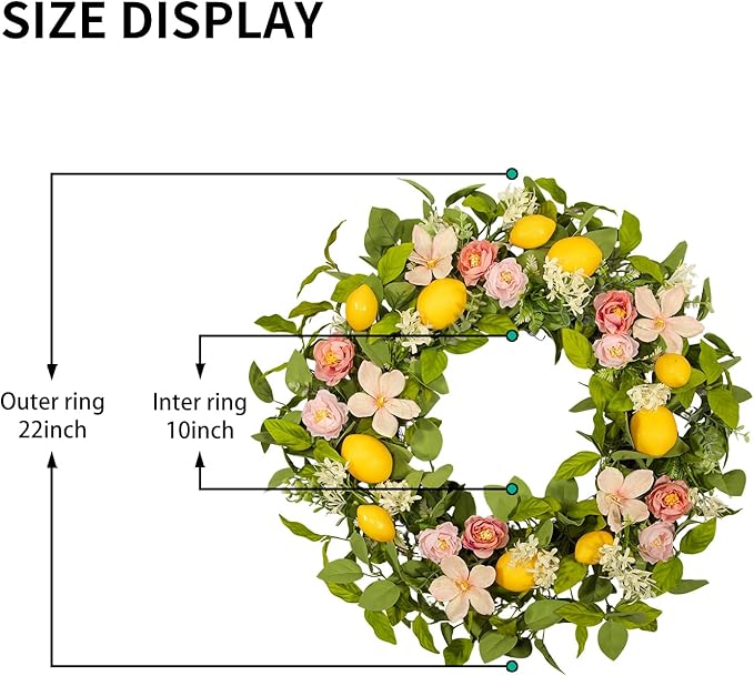 Lemon Eucalyptus Wreath for Front Door - 22 Inch Artificial Lemon Wreath with Fabric Leaves & Pink Camellias, Farmhouse Kitchen Decor, Spring Summer Welcome Wall Hanger