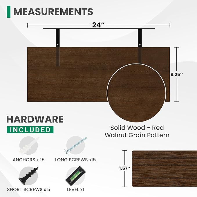 Marsmiles Solid Wood Floating Shelves for Wall, 24”W x 9”D x 1.56”H Large Wall Shelves for Living Room Bedroom Bathroom Kitchen Drcor Storage with Invisible Heavy-Duty Metal Bracket, Walnut, Set of 2