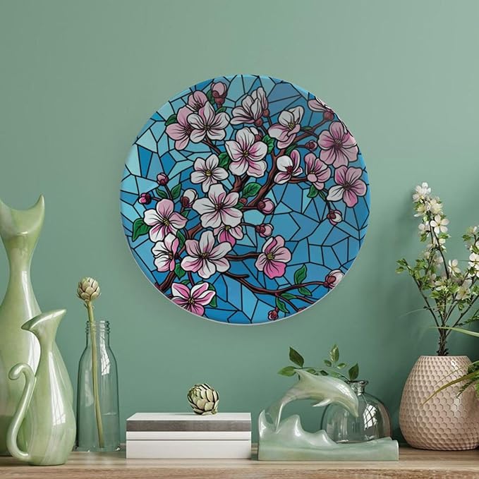 Stained Glass Theme Decorative Ceramic Plate Round Porcelain Plate,6 inch,Cherry Tree Pattern,for Decorative Ornaments Giving Plates, 1 Plate with 1 Display Stand,Blue Pink