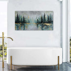 Green Forest Wall Art Vintage Fog Pine Trees Landscape Wall Decor Nature Green and Gold Forest Lake Scenery Canvas Prints Pictures Farmhouse Artwork for Kitchen Living Room Home Decorations 24x48"