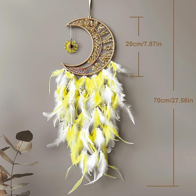 Moon Dream Catchers with Chakra Gemstone Agate Stone, Wealth Luck Crystal Tree Life Dream Catchers Wall Hangings Room Decor(Yellow)
