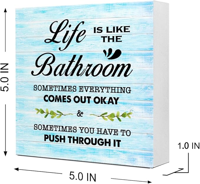 Blue Wood Life is Like The Bathroom Wooden Box Sign Desk Decor,Funny Bathroom Wood Block Sign for Farmhouse Toilet Shelf Decor
