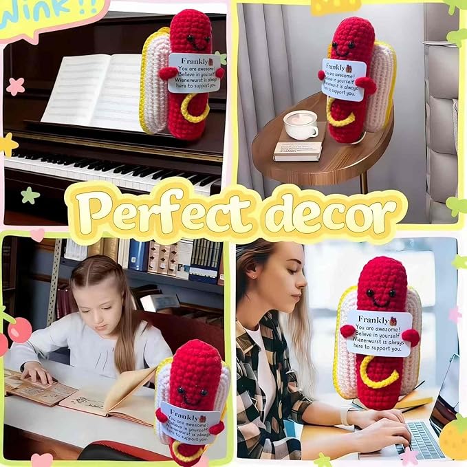 Hot Dog Crochet Gifts Cute,Funny Gag Birthday Gifts Men Women Emotional Positive Coffee Potato Hotdog Gift Plush Toy for Mom dad Christmas Friend Coworker Sister