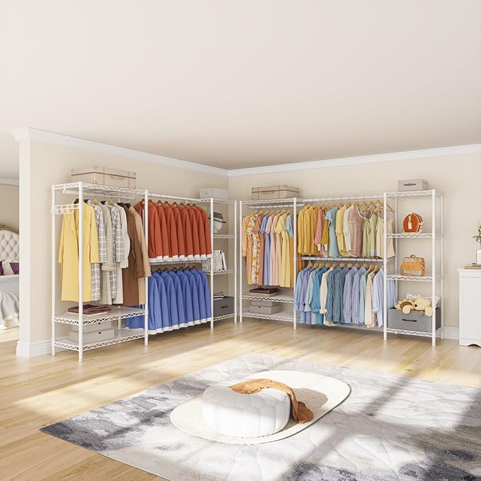 Coat Rack Clothes Wardrobe：Closet Organizer and Storage Clothing Garment Rack with Shelves Heavy Duty for Hanging Clothes Portable Adjustable White 15.8" Dx(70-88.5)" Wx76.5 H