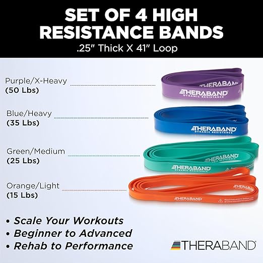THERABAND High Resistance Bands, Set of 4 Elastic Super Bands for Improving Flexibility, Injury Rehab, & Full Body Workouts, Heavy Duty Stretch Bands for Exercise, Light, Medium, Heavy, X-Heavy Bands