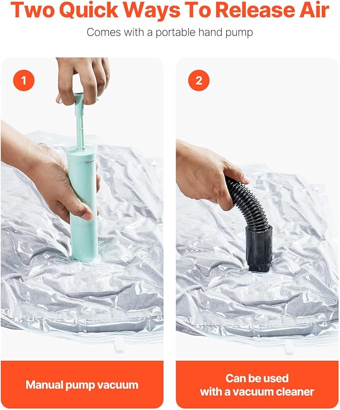 VEVOR Vacuum Storage Bags, 10 Jumbo Space Saver Vacuum Seal, Compression Airtight Space Bags, Zipper Sealer Bags for Clothes, Bedding, Blanket, Pillows, Comforters, Travel (Hand Pump Included)