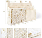 Mkono Bedside Caddy Hanging Organizer, Bunk Woven 7 Pockets Bed Storage Bag Boho Remote Magazine Books Holder with Macrame for Loft Bed College Dorm Bedroom Baby Bed Rails, Ivory