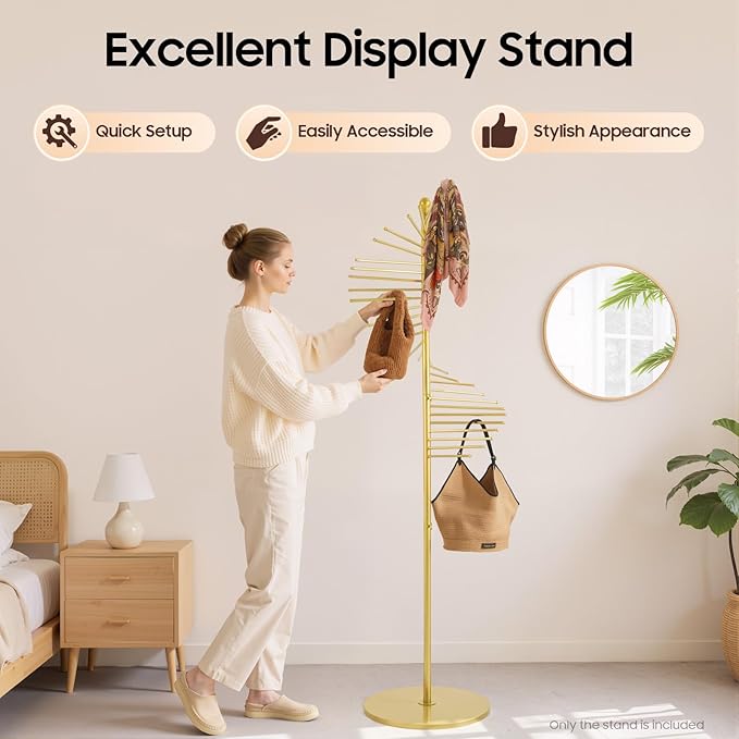 Freestanding Scarf Holder Stand,Spiral Scarf Display Rack,Holder Hijab Stand,Commercial Hijab Organizer,Scarves Rack,Metal Scarf Racks,Hijab Organizer,Belt Pants Hanger for Clothing Store Home (Gold)