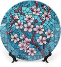 Stained Glass Theme Decorative Ceramic Plate Round Porcelain Plate,8 inch,Cherry Tree Pattern,for Decorative Ornaments Giving Plates, 1 Plate with 1 Display Stand,Blue Pink