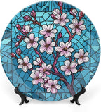 Stained Glass Theme Decorative Ceramic Plate Round Porcelain Plate,8 inch,Cherry Tree Pattern,for Decorative Ornaments Giving Plates, 1 Plate with 1 Display Stand,Blue Pink